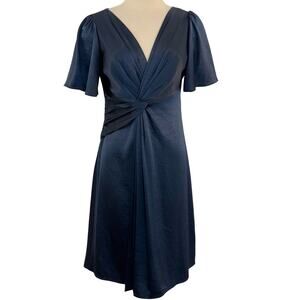 Elie Tahari Satin Twist Front Mini Dress Short Sleeve Dark Teal Navy Size 6